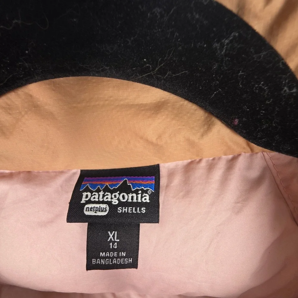 Patagonia‎ Down 600 Fill Jacket Kids XL Tan Pink Puffer Hoodless Full Zip Warm